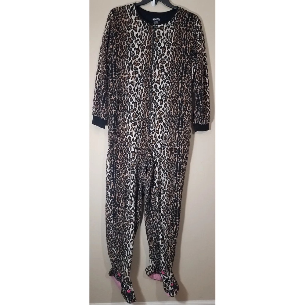 Nick & Nora Adult One Piece Footed Pajamas Leopard Fleece Sleepwear Size XL